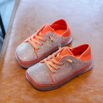 

SKHEK Girl's Sequins Crystal Run Sport Sneakers Shoes Children Shoes Rhinestone Breathable Bling Causal Leather Kids Sneaker