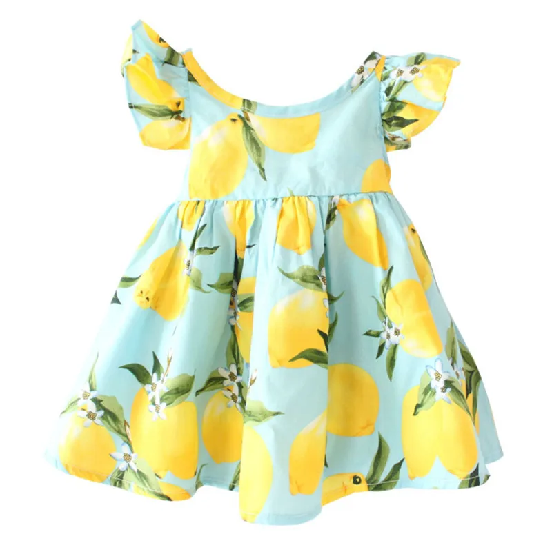 

Toddler Baby Girls Sleeveless Lemon Fruit Dress Navy White Lacing O Neck Mini Dress Princess Dress Clothes HOOLER