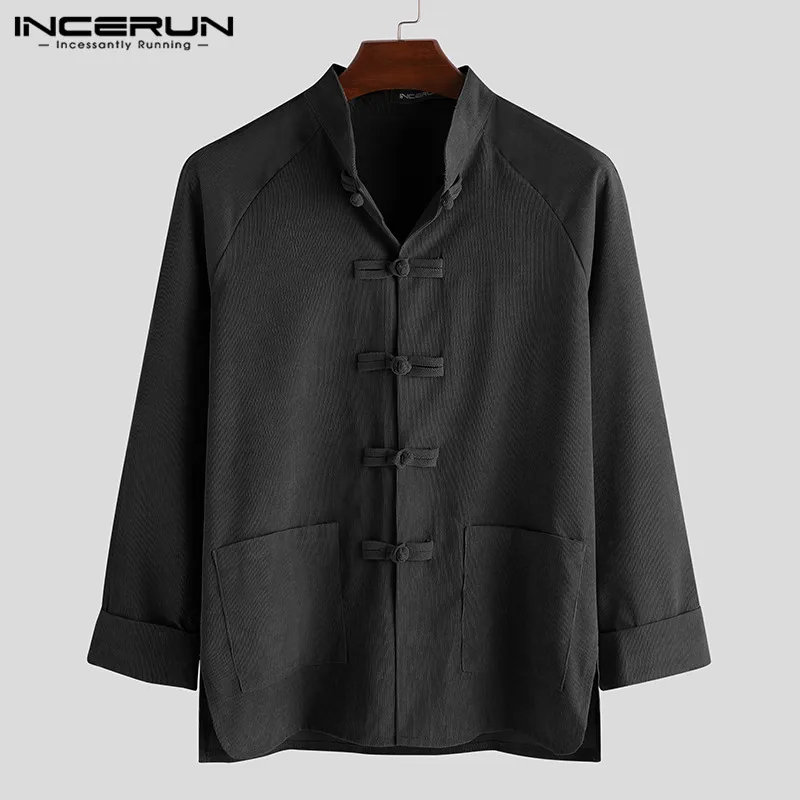 INCERUN, китайский стиль, мужская Вельветовая рубашка, свободная,, уличная одежда, стоячий воротник, длинный рукав, винтажные рубашки, мужские, на пуговицах, Повседневная рубашка - Цвет: Black Shirt