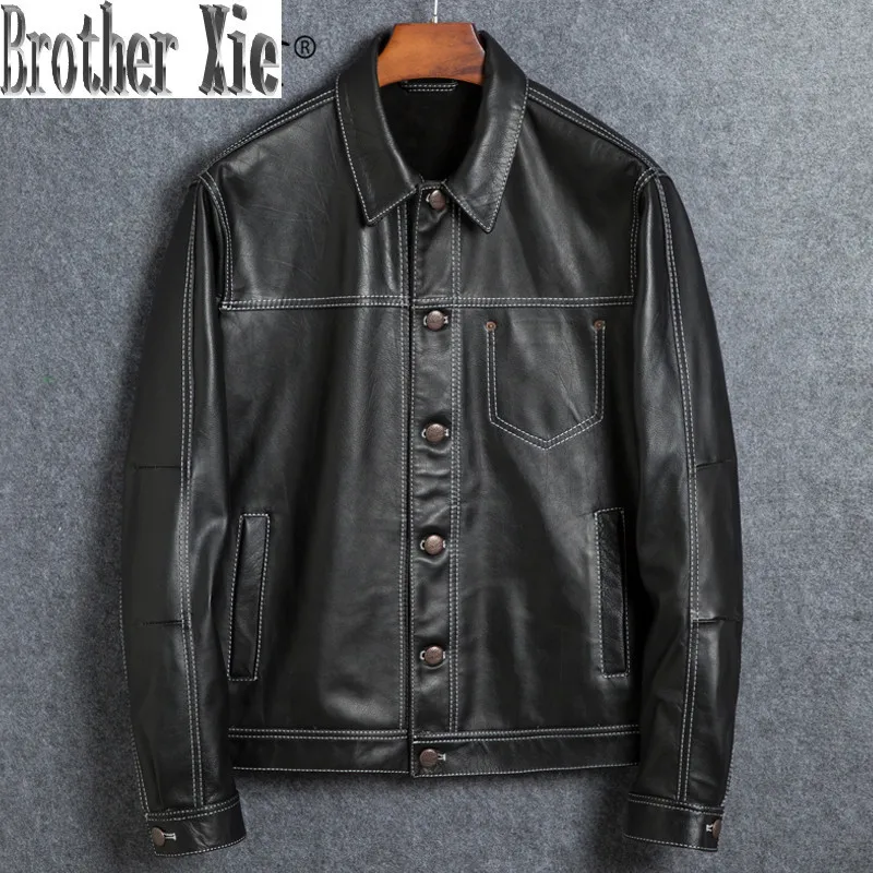 

Genuine Jacket Leather Men Short Vintage Autumn Cow Leather Jackets and Coats Motorcycle Veste Cuir Homme 1825 YY286