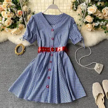 

Elegant Dress French Summer Streetwear Contrast Color Retro Plaid Sweet V-neck Sexy Dress Short Sleeve Collect Waist Vestidos