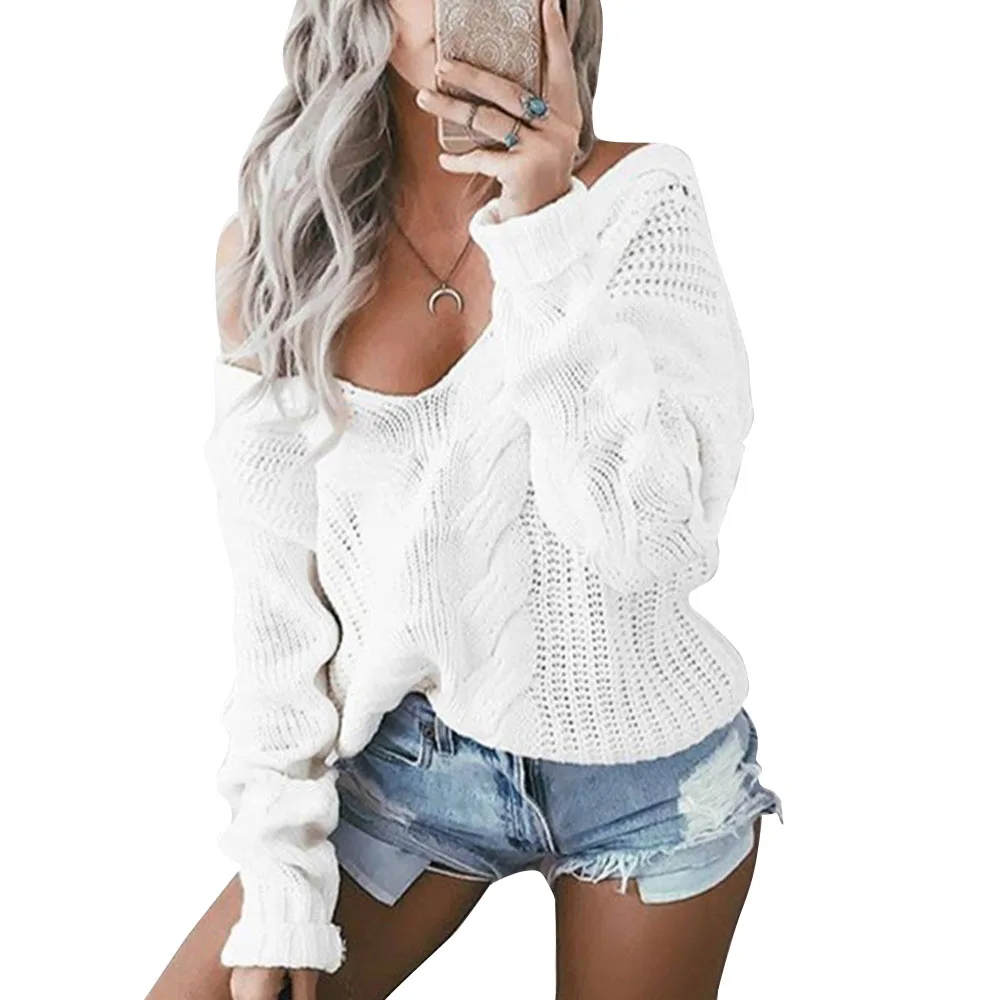 Knitted V-neck Sweater Women Polyester Crochted Hollow Out Sexy Solid Off Shoulder Loose Pullover Female Autumn Winter Tops | Женская