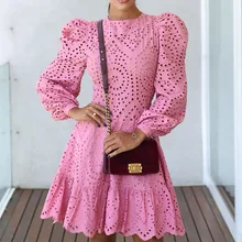 

2021 Elegant Fashion Hollow Women Vintage Pure Color Pink Long Sleeve Mini Dress O-neck High Waist A-line Dress Women Boho Dress