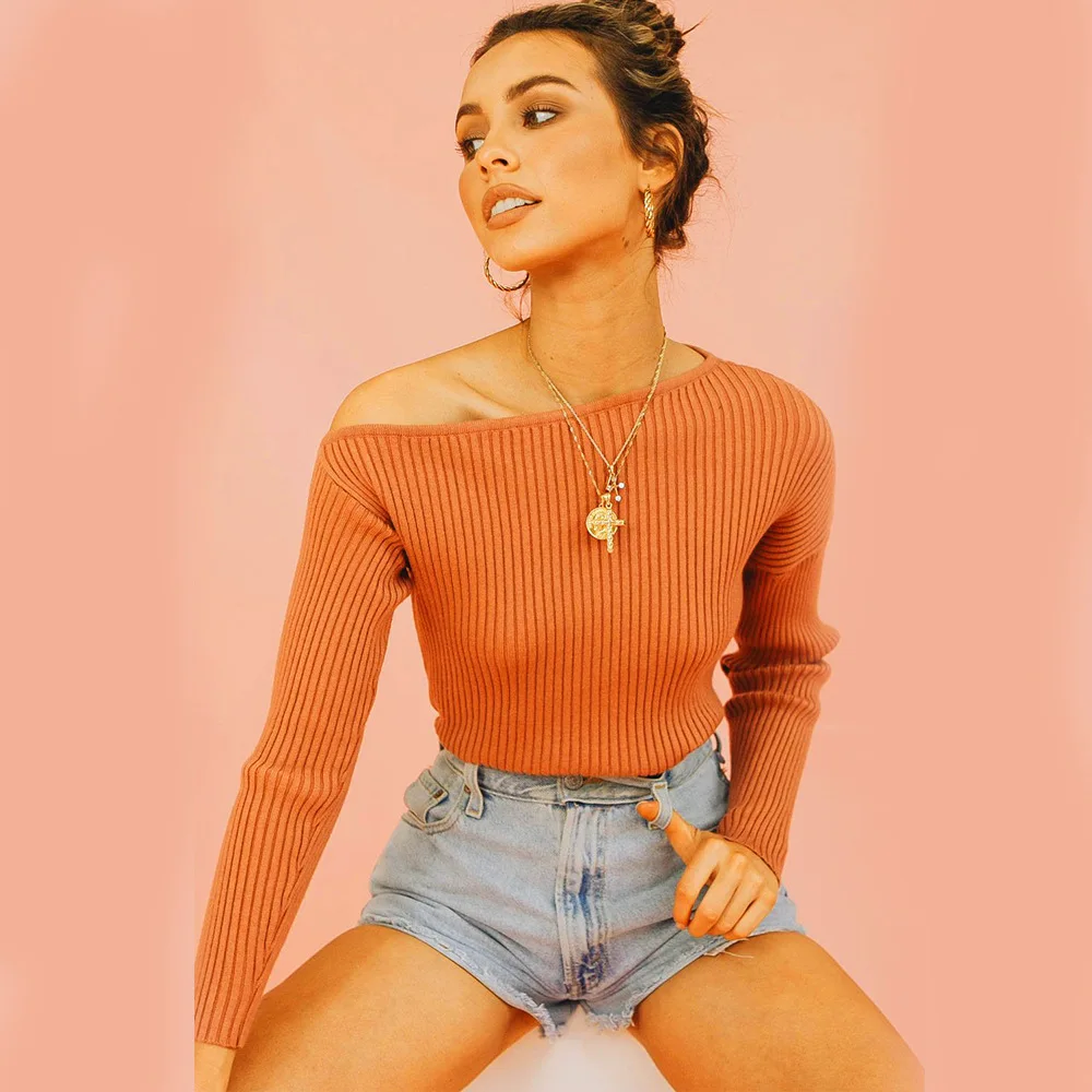 2019 Autumn And Winter Europe and America women collar sweater all-match long sleeved shirt slim one-shoulder female thread tigh | Женская