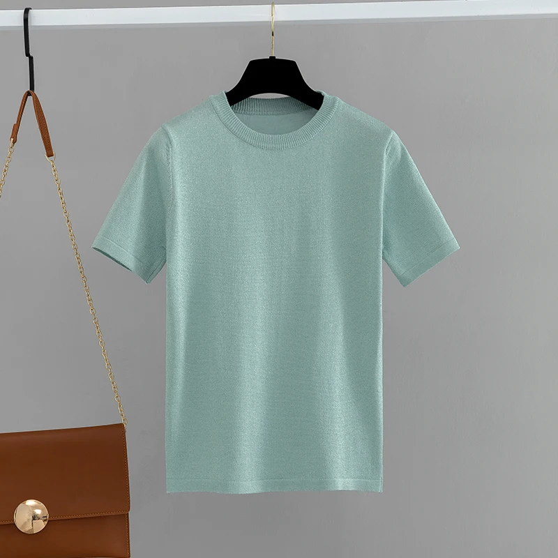 light green G255 GIGOGOU блестящая женская летняя футболка с люрексом, трикотажная Повседневная футболка с короткими рукавами и круглым вырезом, тонкая трикотажная одежда, базовая женская футболка - Цвет: light green G255