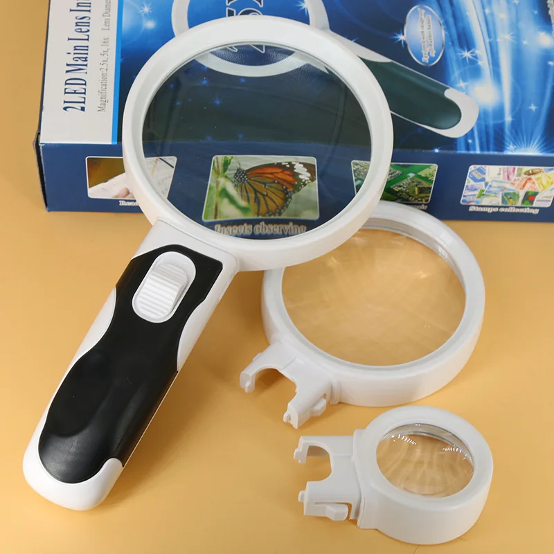 

2.5x 5x 16x Interchangeable Acrylic Lens Plastic Newspaper Readfing Lighted Magnifier Jewel Loupe Magnifing Glass with Light