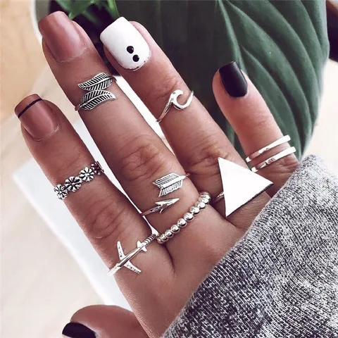 Fashion Big Triangle Round Geometric Rings for Women Vintage Plane Arrow Wave Flower Leaf Joint Ring Bohemian Ring Set