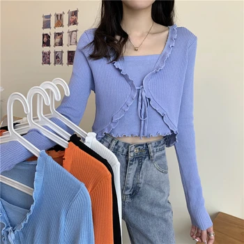 

Patched One-piece Cropped Sweaters Pullovers Women's Ruffles Full Sleeve Laced Sweater Shirts Crop Tops For Female