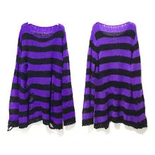 

Long Unisex Sweater Punk Gothic 2021 Summer Women Striped Cool Hollow Out Hole Broken Jumper Loose Rock Thin Dark Streetwear