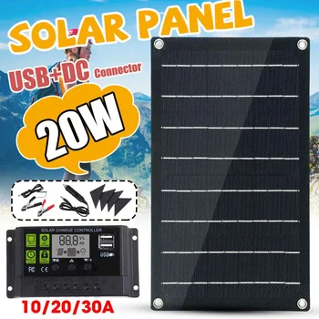

20W Solar Panel with Battery Clip Protective Corners 10A/20A/30A Solar Car Charger Controller Cells for Outdoor Hiking Camping