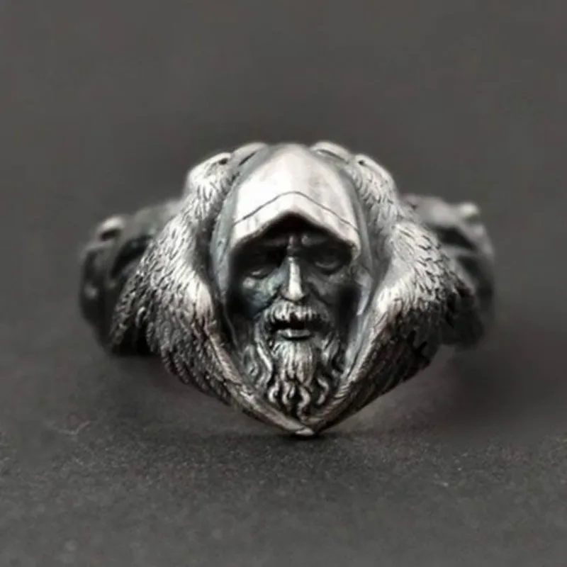 

FCGJHW Scandinavian mythology Odin Great God Viking Warrior Arctic Wolf Thai Black Silver Men's Ring
