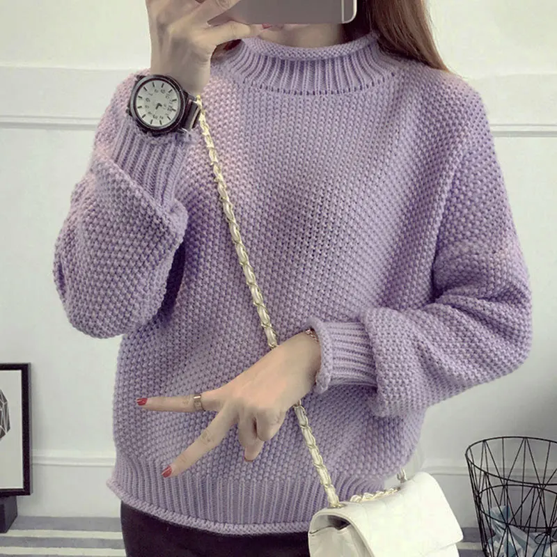 Фиолетовый Пуловер, ограниченная серия, акрил, полный, Blusas De Inverno Feminina, женский свитер,, новая линия, полувысокий воротник, параграф, свободный, для женщин - Цвет: Фиолетовый