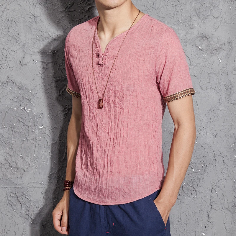 Летние модные мужские повседневные полотняные сорочки с коротким рукавом и v-образным вырезом белая Базовая блуза китайский стиль Топ из тонкой ткани мужские большие размеры M-5XL - Цвет: Red