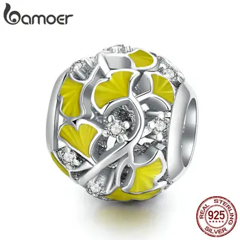 

bamoer 925 Sterling Silver CZ Elegant Ginkgo Leaves Original Charm for Brand DIY Jewelry Make for women Girl Gift BSC334