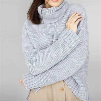 

Sweater Women Fall 2019 Knitted Turtleneck Sweater Vintage Grey Pullover Long Sleeve Oversized Sweaters Ladies Knitwear Sweater