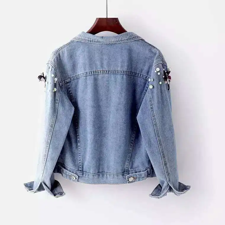 Autumn Denim Coat Women Turn-down Collar Single Breasted Plus Size Slim Coats Fashion Beading Vintage Jeans Jacket Female