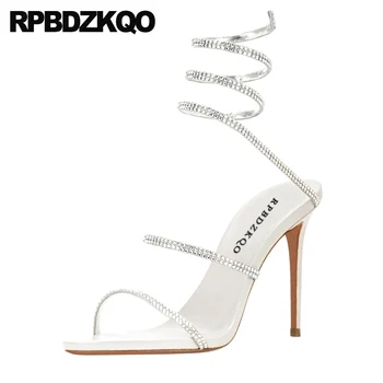 

plus size rhinestone stiletto diamond pumps fashion large women sandals 2019 summer slip on high quality crystal shoes silver