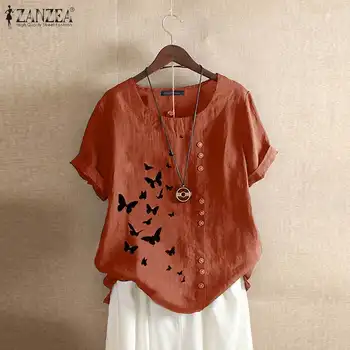 

Elegant Summer Tee Shirts Women's Printed Blouse 2020 ZANZEA Vintage Button O Neck Blusa Female Short Sleeve Tunic Plus Size 5XL