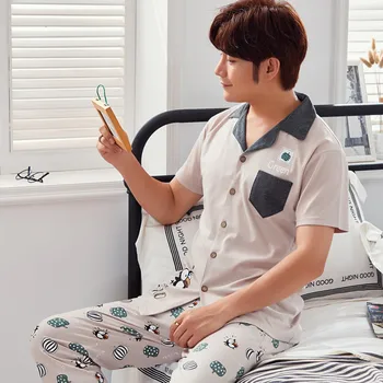 

Youth short long men's plus size summer simple cartoon plus fat new short sleeves increase cotton pajamas casual suit