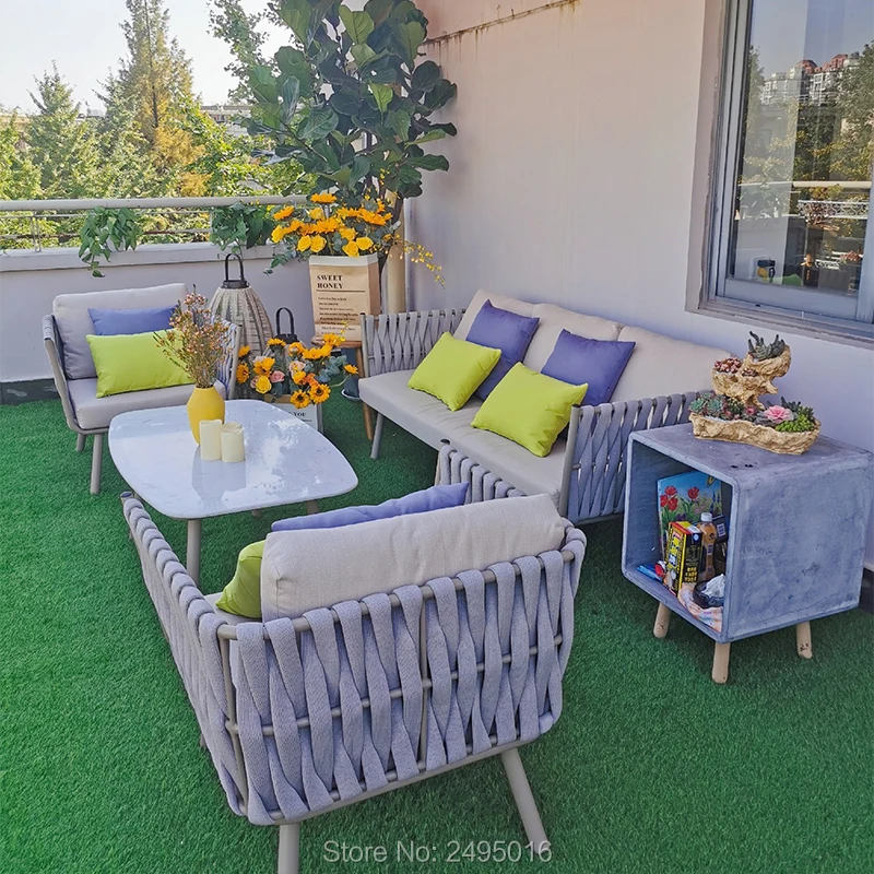 4 шт. веревка и алюминиевый патио, комплект уличной мебели, садовый газонный диван, секционный набор с подушкой, кофейный столик