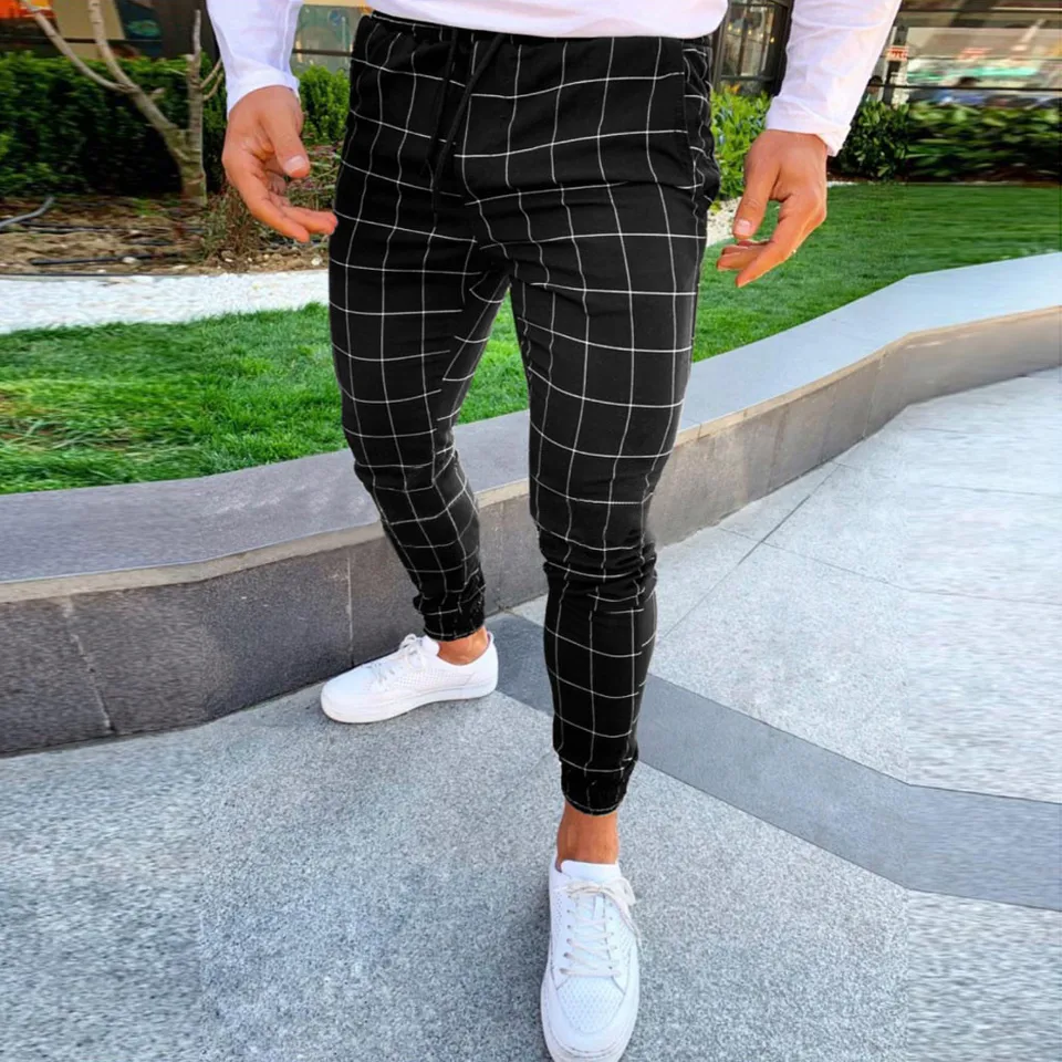 mens skinny plaid trousers