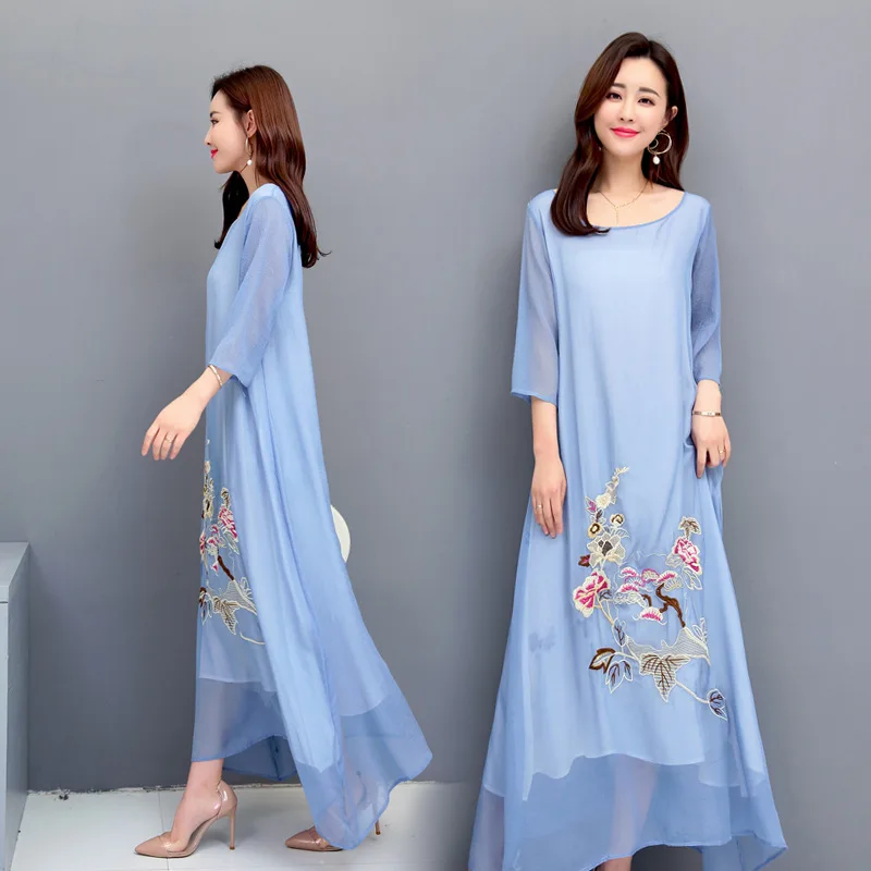 

2019 Summer New Style Retro Loose-Fit Embroidered Mock Two-Piece Three-quarter-length Sleeve Big Hemline Dress Women Dress