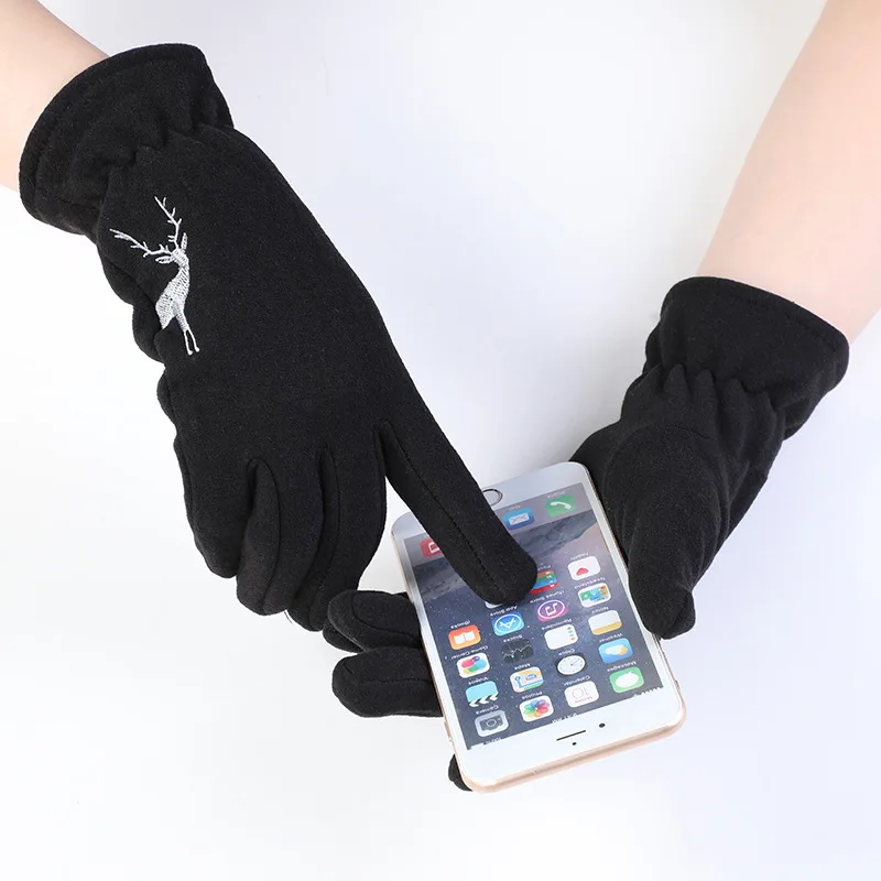 

Women Winter Thick Embroidery Cartoon Deer Warm Driving Mitten Female Outdoor Sport Touch Screen Black Cycling Gloves I35
