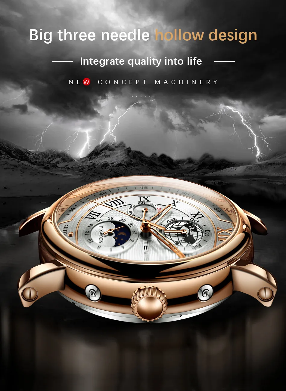 2021 New TEVISE Mens Mechanical Watches Top Brand Luxury Leather Moon Phase Automatic Watch Men Fashion Sport Waterproof Clock