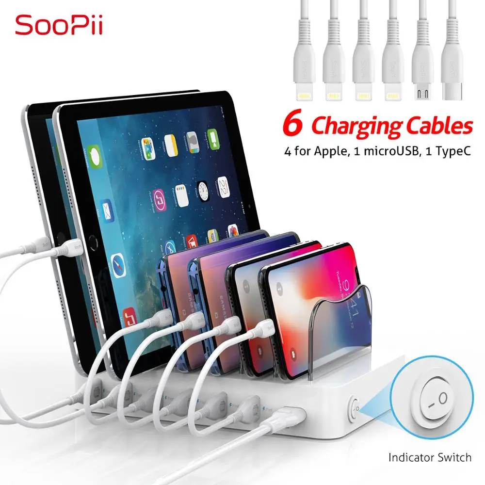 Soopii 50W/10A 6-Port USB Charging Station Organizer for Multiple Devices, Dock Station with 6 Mixed Cables Included