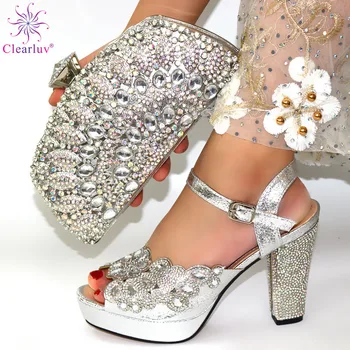 

Silver Color INS Hot Selling Mature Lady Shoes and Bag Set with Platform African Women Shoes and Bag to Match for Wedding Party