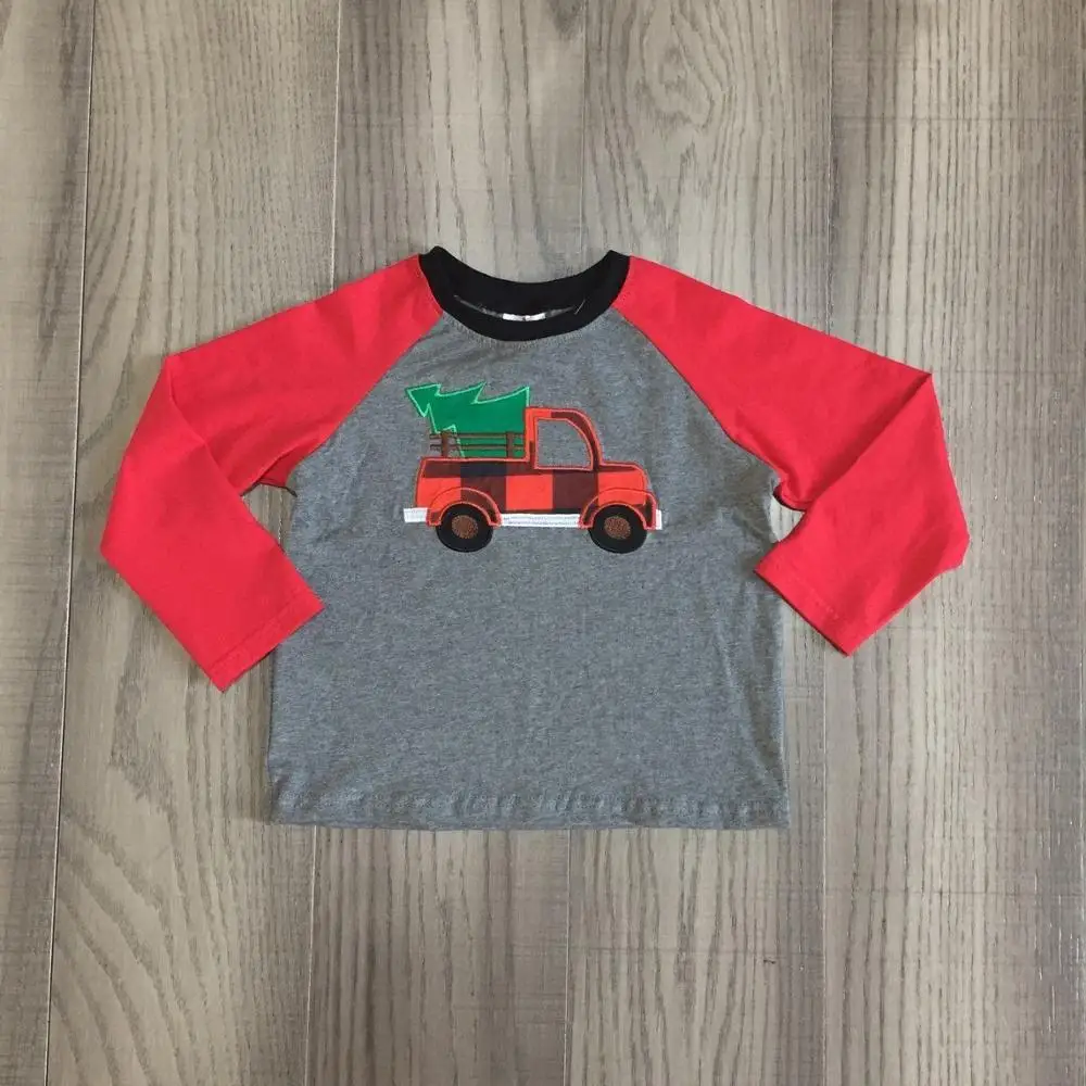 

kids boys clothes boys Christmas clothes Christmas tree in the car t shirts with red sleeve kids grey top boys cotton raglans