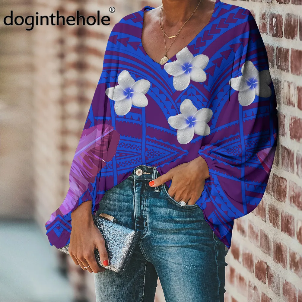 

doginthehole Hawaiian Plumeria Printed Women Purple Blouse Vintage Color Changing Polynesian Tribal Pattern Tops for Teen Girls