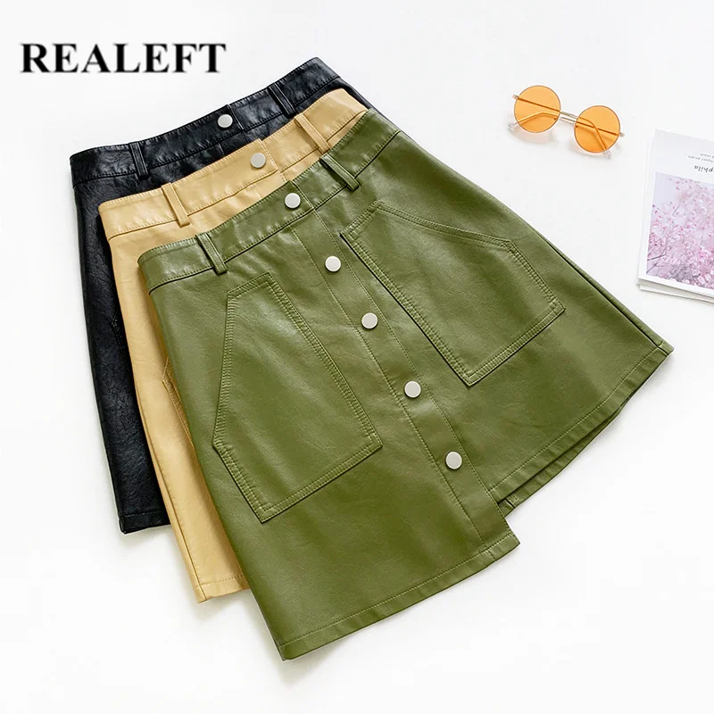 

REALEFT Vintage PU Leather Black Sheath Mini Skirt High Waist Button Wrap Sexy A-Line Short Skirts with Pocket 2019 New Arrival