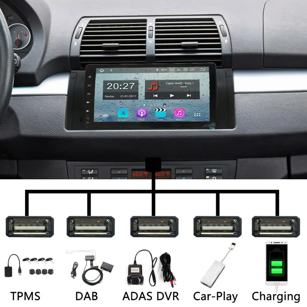 Cheap 9" Android 9.0 PX6/Octa Core 5 USB Port Car DVD Player For BMW 5 Series X5 E53 E39 E39 M5 Car Radio GPS DSP Android Auto 1