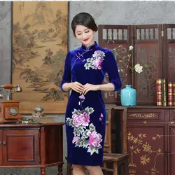 Вышитые цветы велюровые облегающие платья китайское женское платье оверсайз 3XL-4XL облегающие Qipao винтажные пуговицы короткие платья чонсам