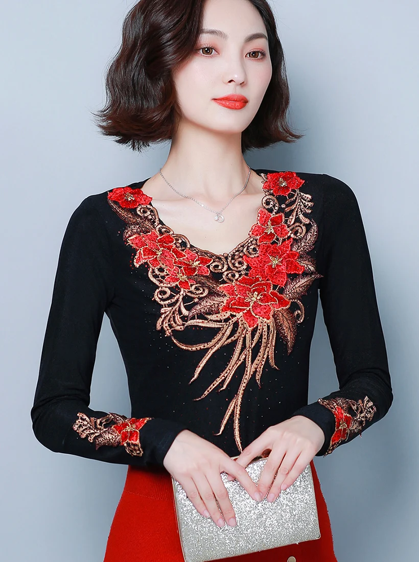 6XL blusas mujer de moda осень зима женская блузка с длинным рукавом рубашка с вышивкой размера плюс женские топы и блузки