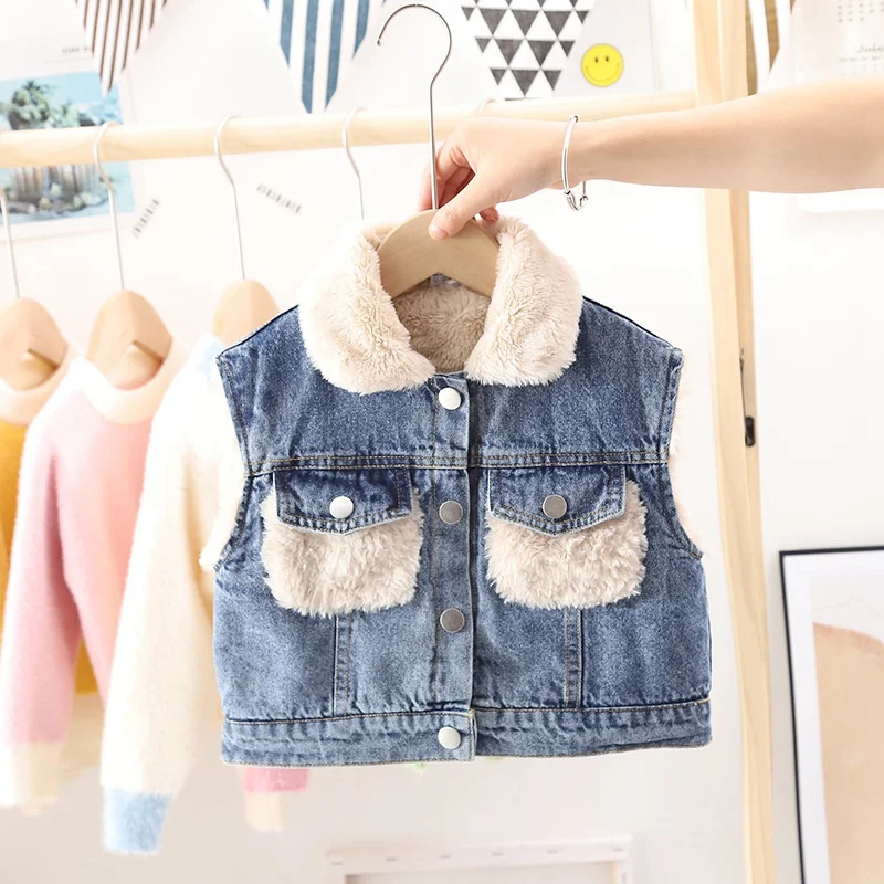 Light Blue Жилет для девочек; зимние джинсы для малышей; кашемировые теплые жилеты для детей; теплые брюки; детская джинсовая верхняя одежда; Одежда для девочек; S10336 - Цвет: Light Blue