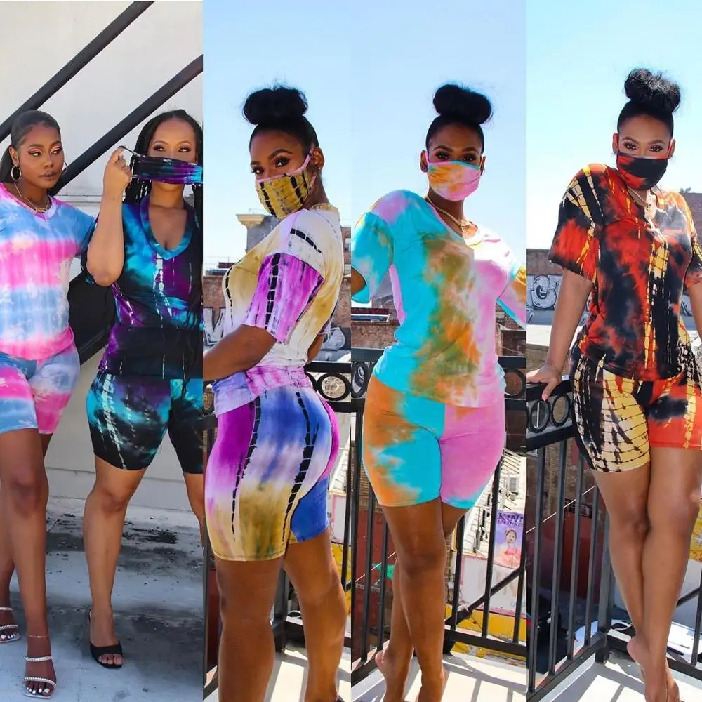 

Women Summer Print 3 Pieces Sets Tracksuits Short Sleeve T-shirt Shorts Masks 3 pcs Suit Night Fitness Sporty Outfits F890