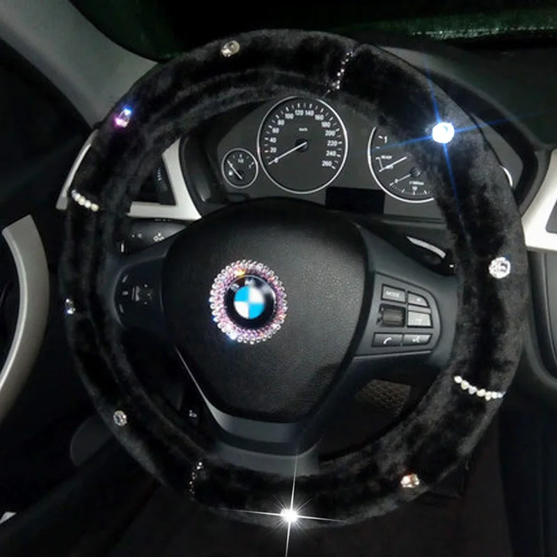 Длинный плюшевый теплый автомобильный чехол на руль со стразами, украшение для автомобиля, чехлы на руль