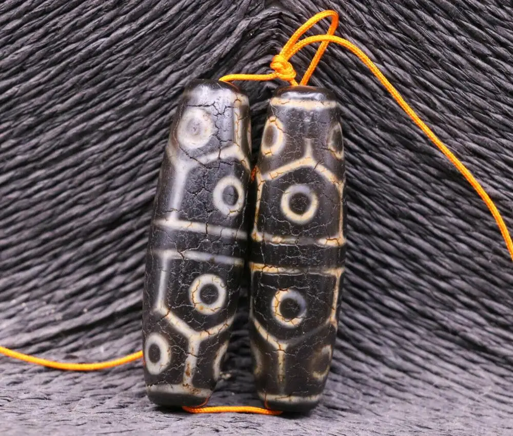 pair Tibetan Old Agate Dragon Vein 12 Eye Longevity dZi Bead Totem Amulet | Украшения и аксессуары