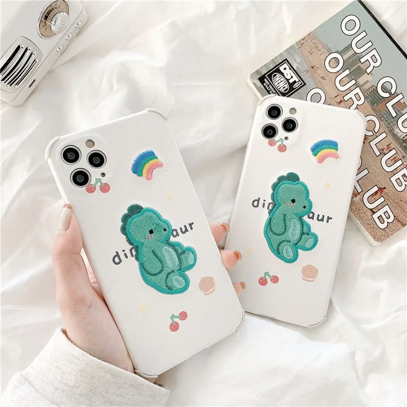 

Winter embroidery dinosaur girl Phone Cover Case For Iphone X 11 pro Xs Max Xr 10 8 7 Plus SE 4.7 Luxury pu leather Coque Fundas