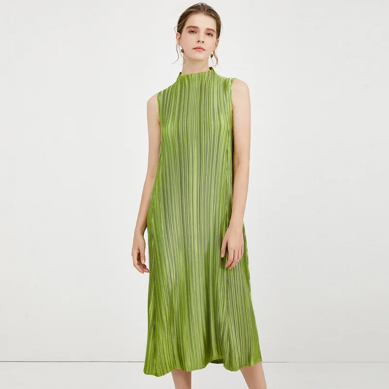 Plus Size Dress For Women 45-75kg Spring Summer 2020 Elastic Loose Miyake Pleated Half Turtleneck Solid Color Tank Midi | Женская одежда