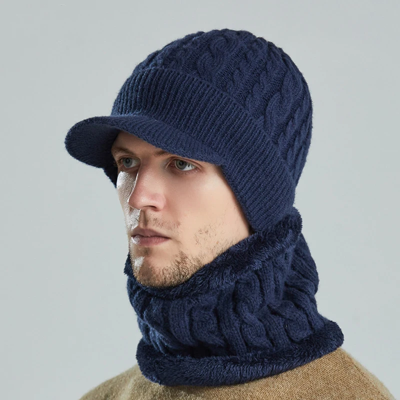 

Men's Winter Warm Striped Brim Knitted Hats Outdoor Thick Plus Fleece Windproof Ski Cap Neck Caps with Scarf
