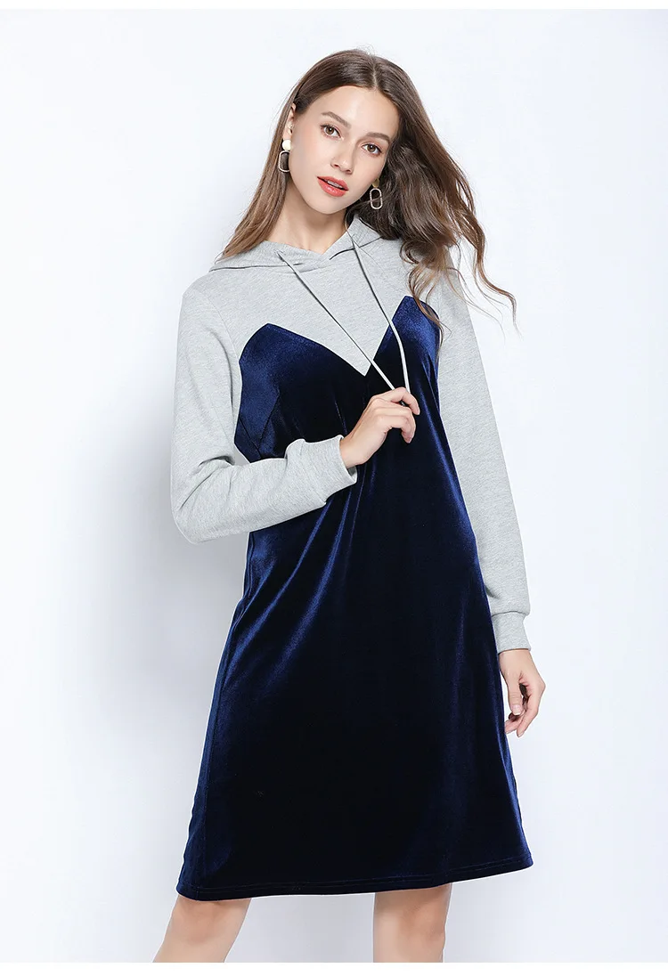 Новинка года; Осенняя Длинная толстовка золотистого бархата с капюшоном; Vestidos; длинный рукав; контрастный цвет; Женские Повседневные свитера большого размера; L-5XL