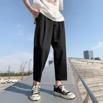 

2020 Spring And Summer New Youth Popular Men's Solid Color Loose Nine-point Pants Fashion Casual Wild Lattice Straight Pants