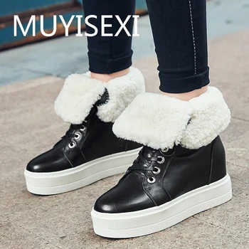 

Height increase Platform Cow Suede Wool Lace-up Snow Boots Keep Warm Casual Russia Winter Shoes Red Black FEI04 MUYISEXI