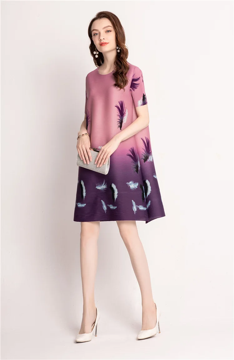 Digital feather dress summer fashion women's pleated elastic dress MIYAKE pleats please dress free shipping