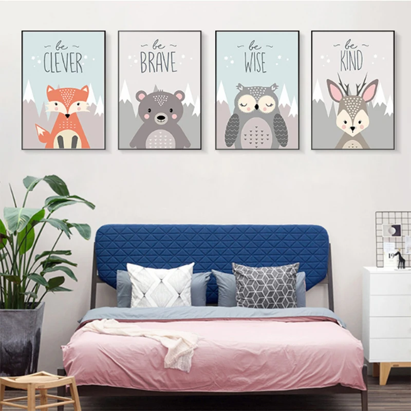 

Cute cartoon animal fox bear deer owl canvas painting children room decoration hanging picture frameless painting core