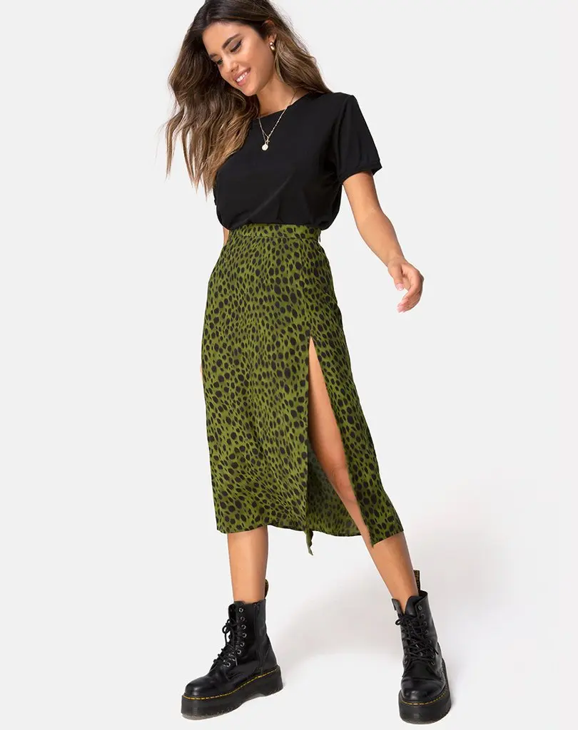 Sexy leopard women skirts fall winter fashion street high waist skirts split midi office work large size elegant lady skirt - Цвет: Army green