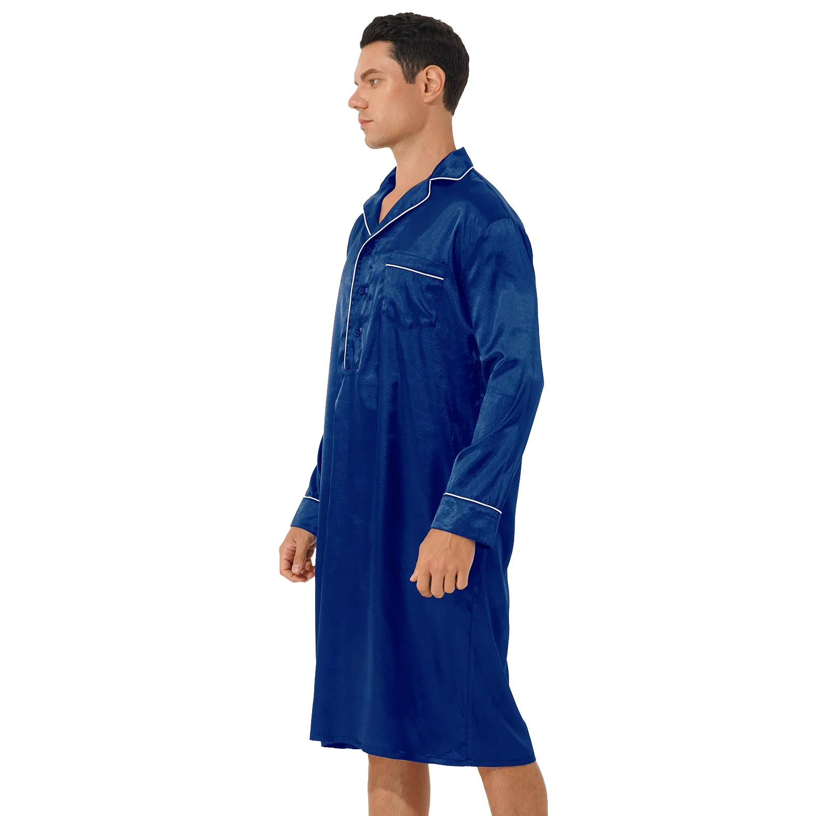 Mens Satin Nightshirt Long Lightweight Kaftan Comfy Big&Tall V Neck Longsleeve Loose Pajama Sleep Shirt Nightwear
